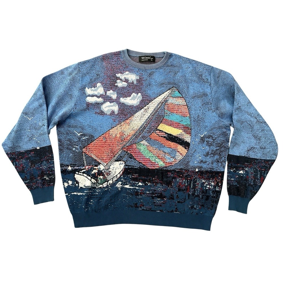 Vintage St. Croix Knits Sweater Men's XL‎ Blue Sailboat Clouds Nautical Jacquard